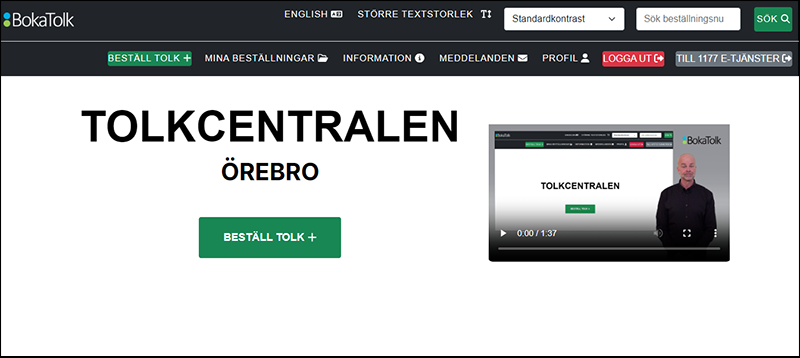 Skärmbild från startsidan på bokningssystemet BokaTolk
