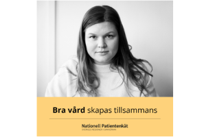 Ung kvinna som tittar mot kameran. Text som lyder bra vård skapas tillsammans. Nationell patientenkät. 