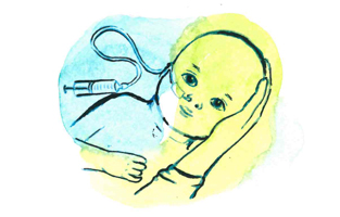 Illustration. En bebis ligger med huvudet i en vuxens hand. Bebisen har en sond i näsan. 