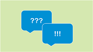 Illustration med grön bakgrund och två pratbubblor. en med ett ? och och med ett !.