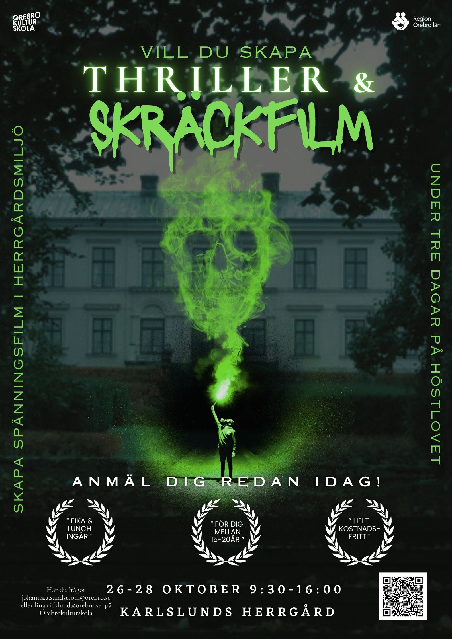 Affisch för Filmkollo 2026, mörk bild på herrgård med en döskalle i grön rök framför
